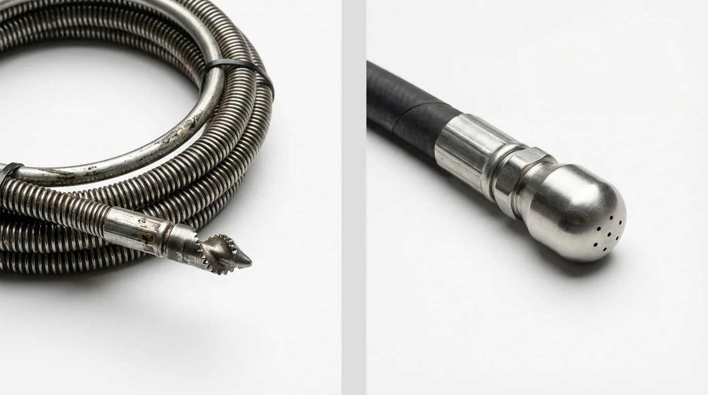 Drain snake cable and hydro jetting nozzle used for drain cleaning in Burbank, CA