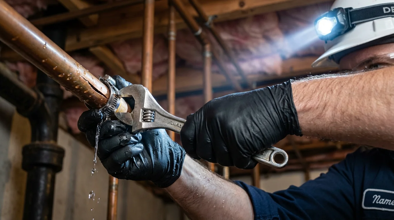 Emergency pipe clamp repair being performed by a Johns Plumbing LLC plumber in Burbank