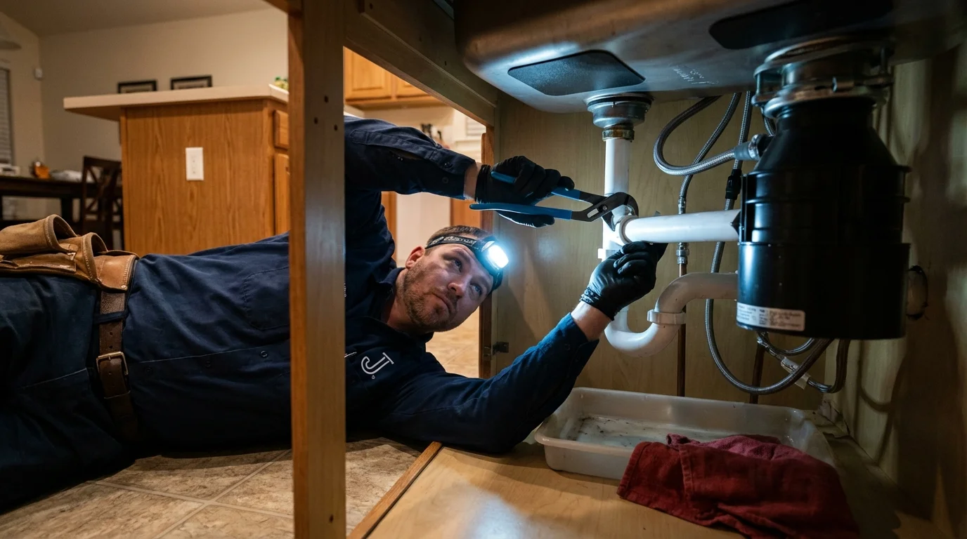 P-trap and supply line connections under a kitchen sink showing a common leak point in Burbank, CA